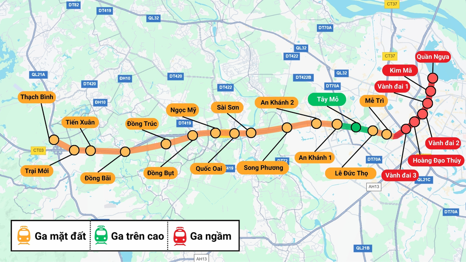 Điểm danh vị trí ga tuyến metro Văn Cao - Hoà Lạc: Đại đô thị của Vinhomes, toà nhà cao thứ 2 Hà Nội đón tin vui