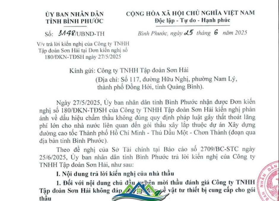 Tỉnh Bình Phước khẳng định chấm thầu đúng quy định, bác kiến nghị của Tập đoàn Sơn Hải Tỉnh Bình Phước khẳng định chấm thầu đúng quy định, bác kiến nghị của Tập đoàn Sơn Hải